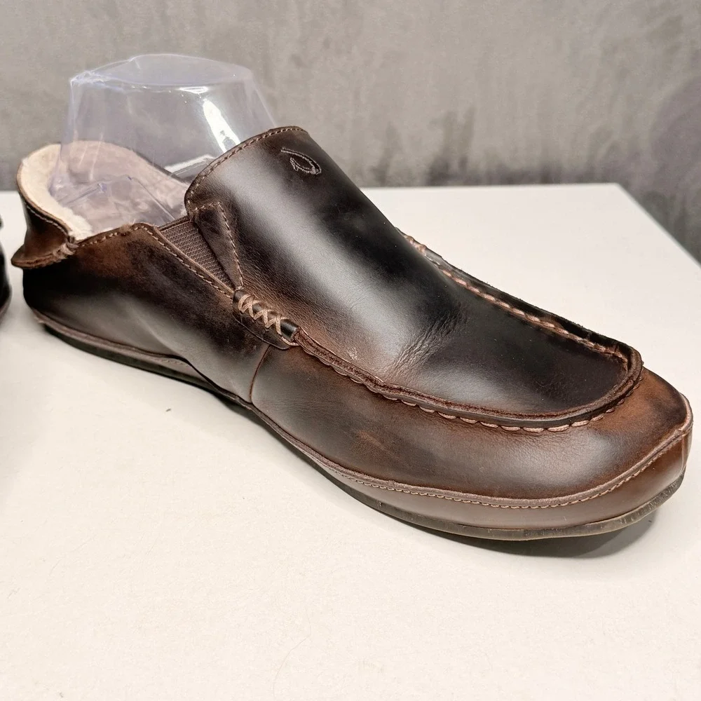 OluKai Moloa Slipper Mens 9 Dark Wood Leather Shearling Lined Loafers